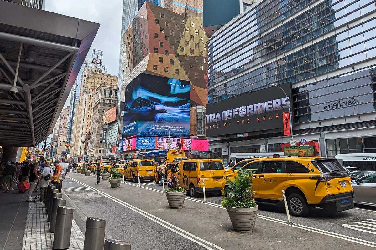 taxis parked on a busy street in New York City