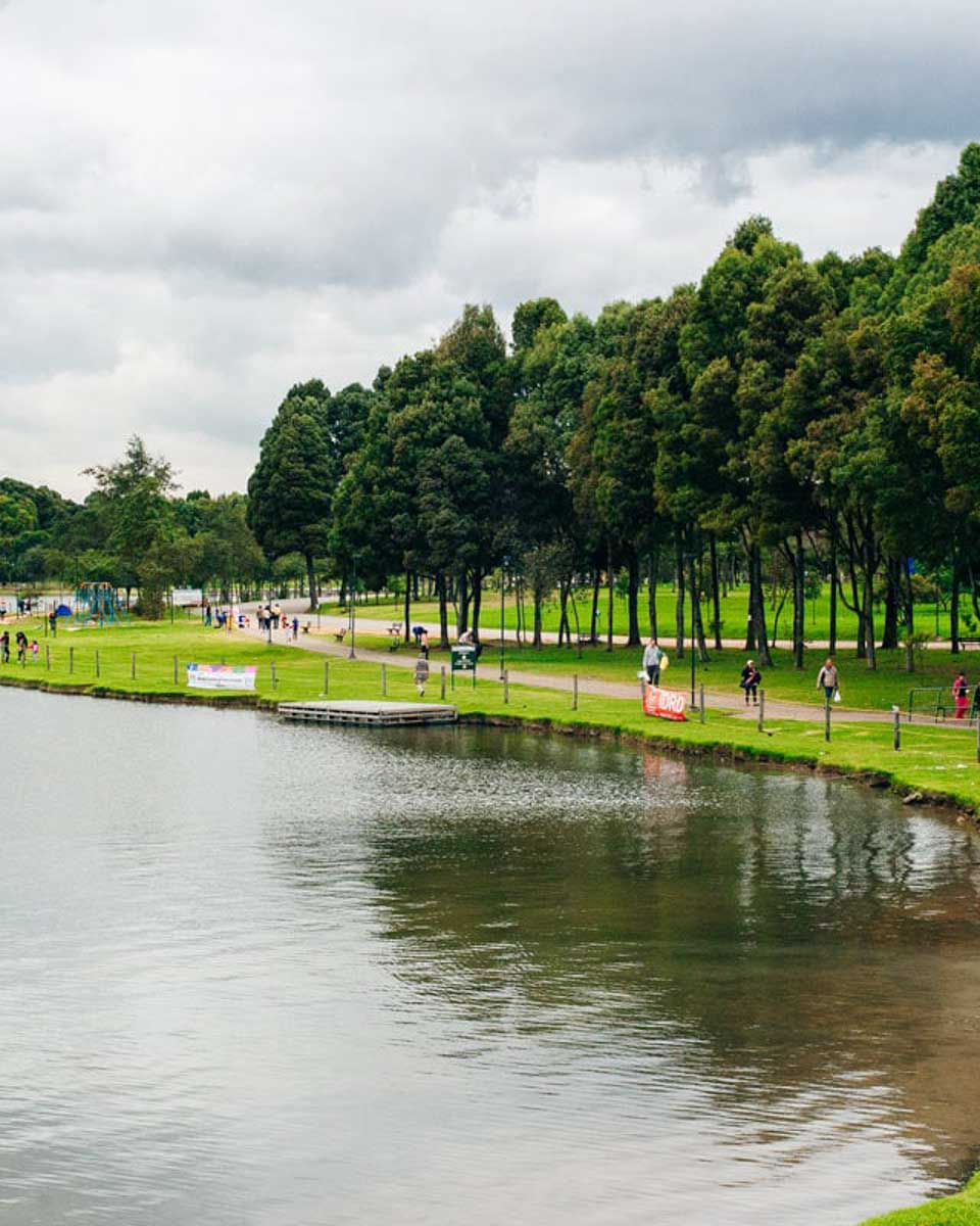 view of the lake and trees at Simón Bolívar park in Bogota, Colombia