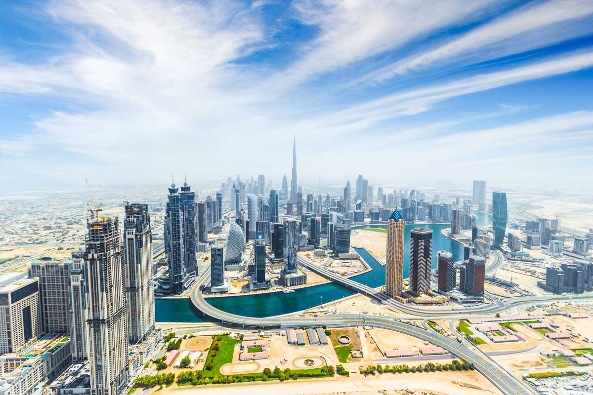 Aerial view of modern city skyscrapers in Dubai, UAE