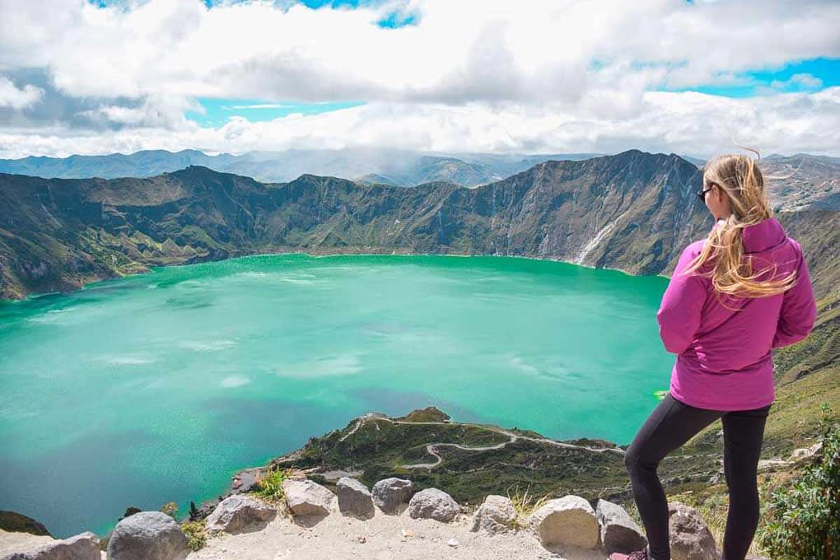 Bailey looks into Quilotoa Crater near Quito, Ecuador