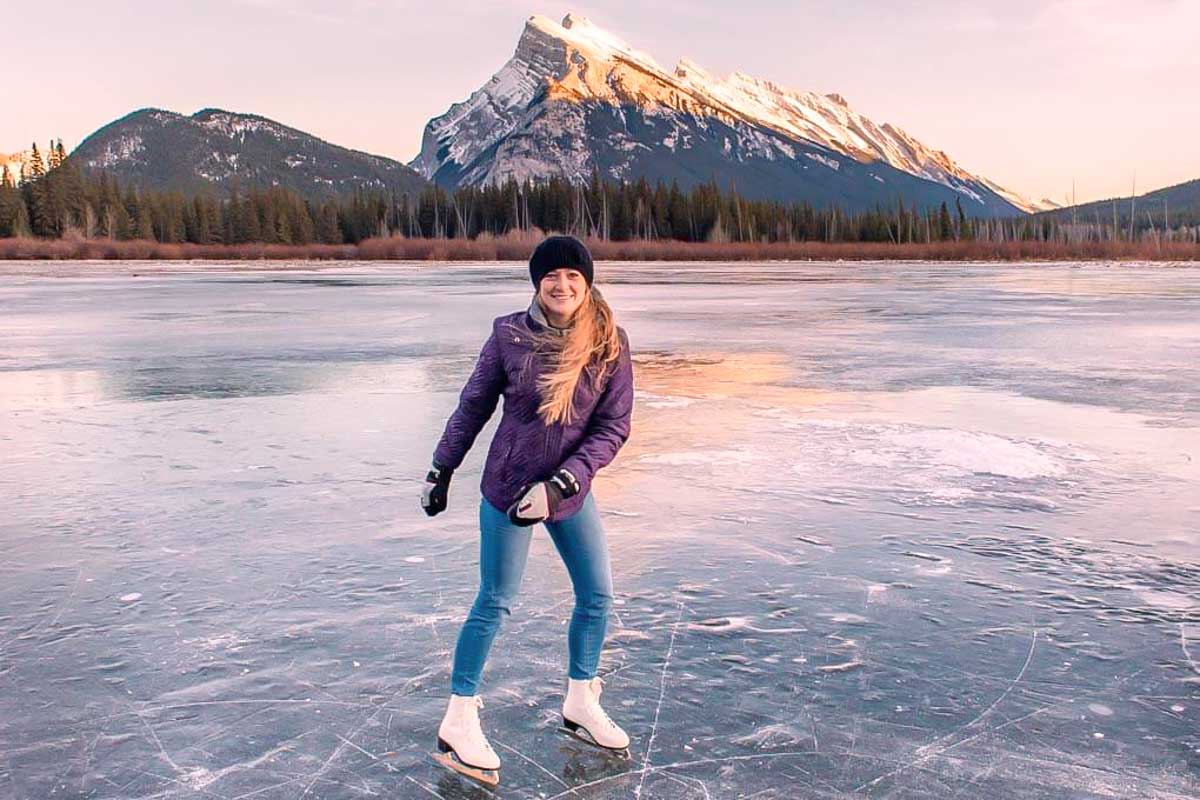 Bailey skates on Vermillion Lakes in Banff, Alberta