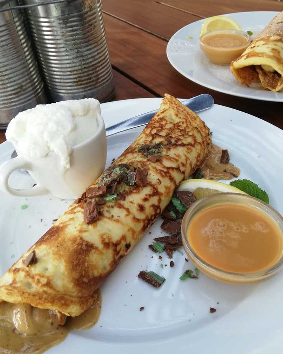 Enjoying a crepe for breakfast at Harrie's Pancakes