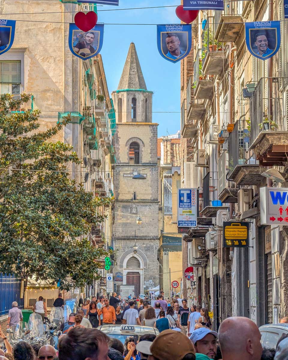 The bell tower of the Church of San Pietro a Majella in Naples, Italy, as seen from Via dei Tribunali