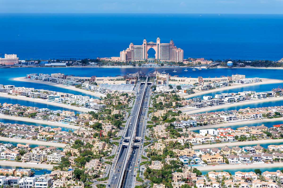 The view of Palm Jumeirah and Atlantis Hotel in Dubai UAE