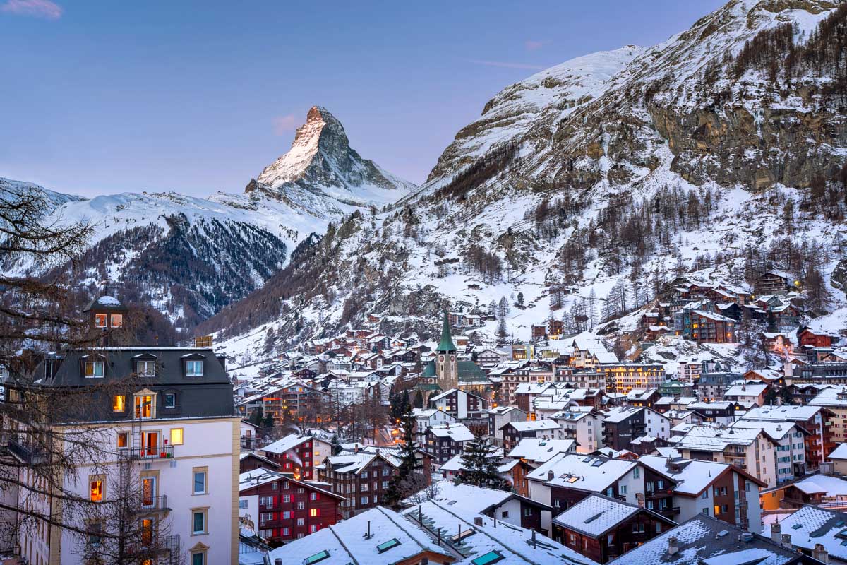 Aerial View on Zermatt Valley and Matterhorn Peak at Dawn in Zermatt Switzerland winter