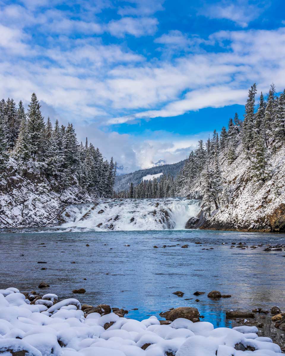 Bow Falls Viewpoint in snowy winter near Lake Louise Canada