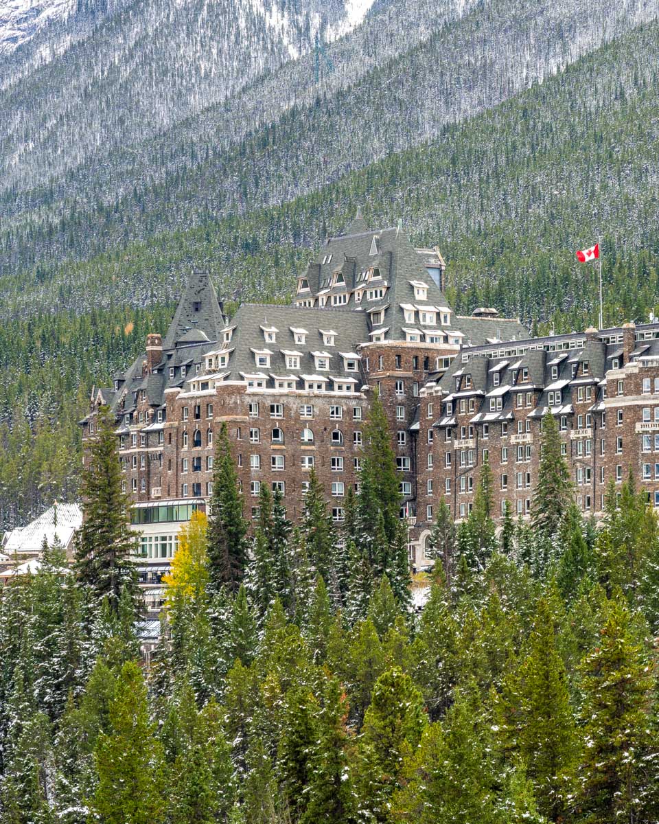 Fairmont Banff Springs in snow in Banff near Lake Louise Canada