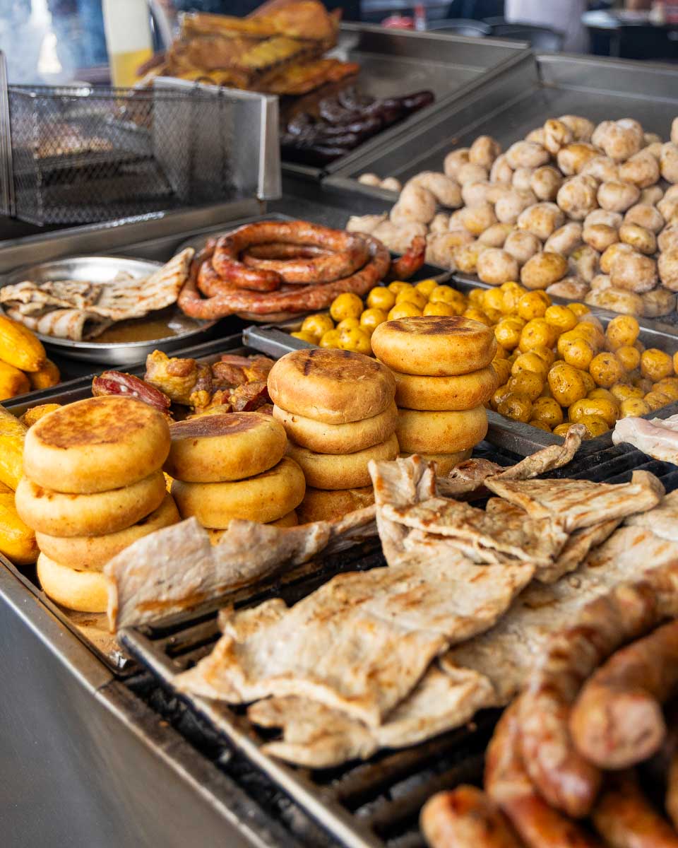 Street food with meat plantin bread and other items eaten on a food tour in Cartagena Colombia (1)
