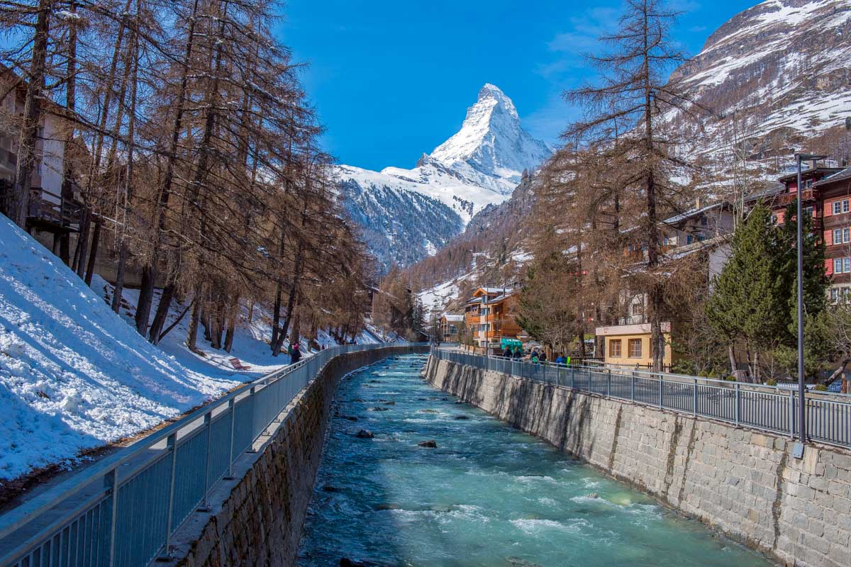The Matterhorn peak seen from Zermatt Village in Switzerland