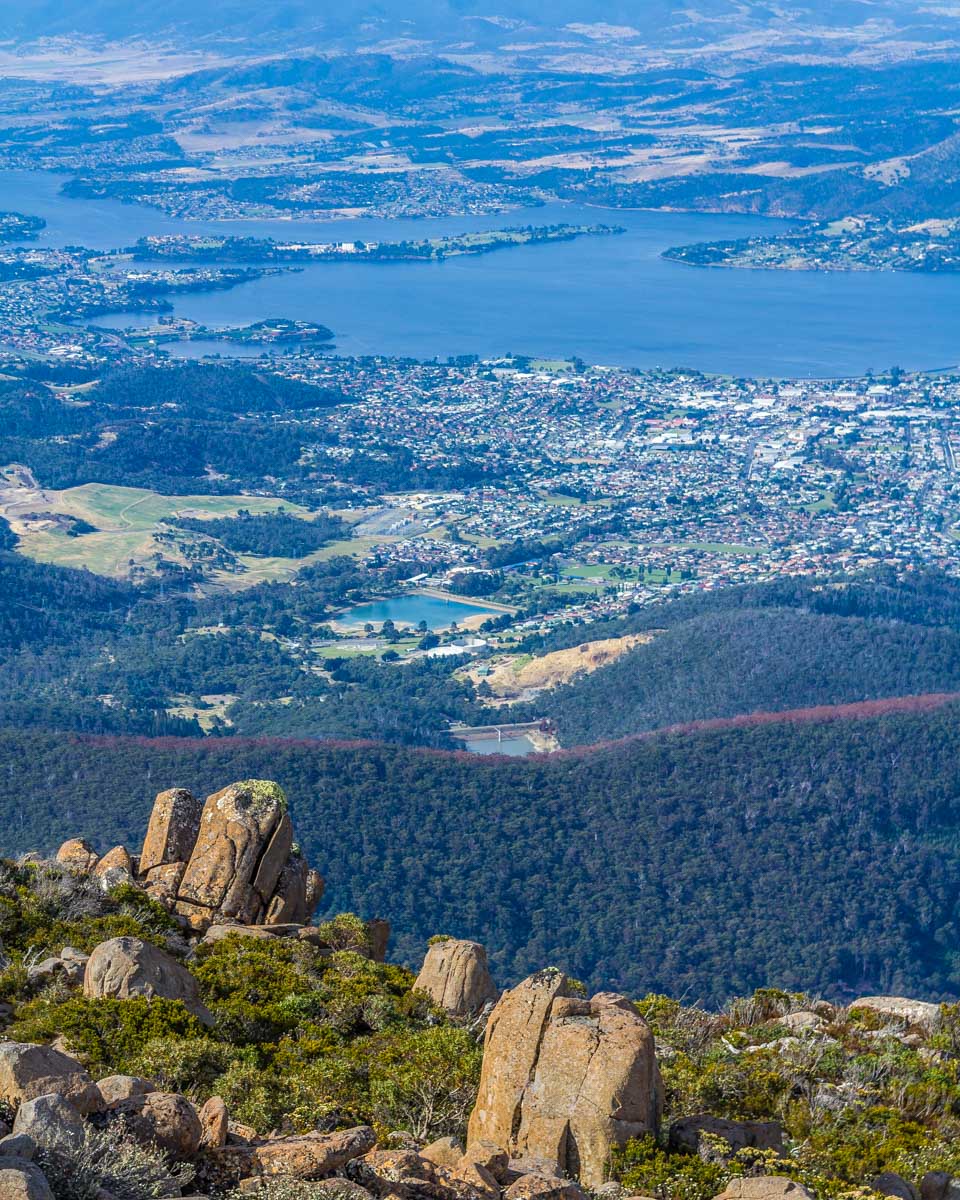 The view of Hobart from Mount Wellington in Hobart Australia