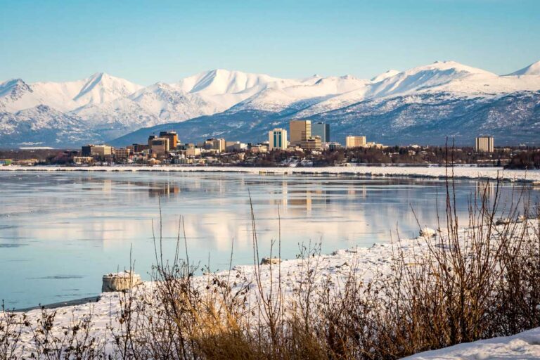 View of Anchorage in the winter from Tony Knowles Coastal Trail Alaska