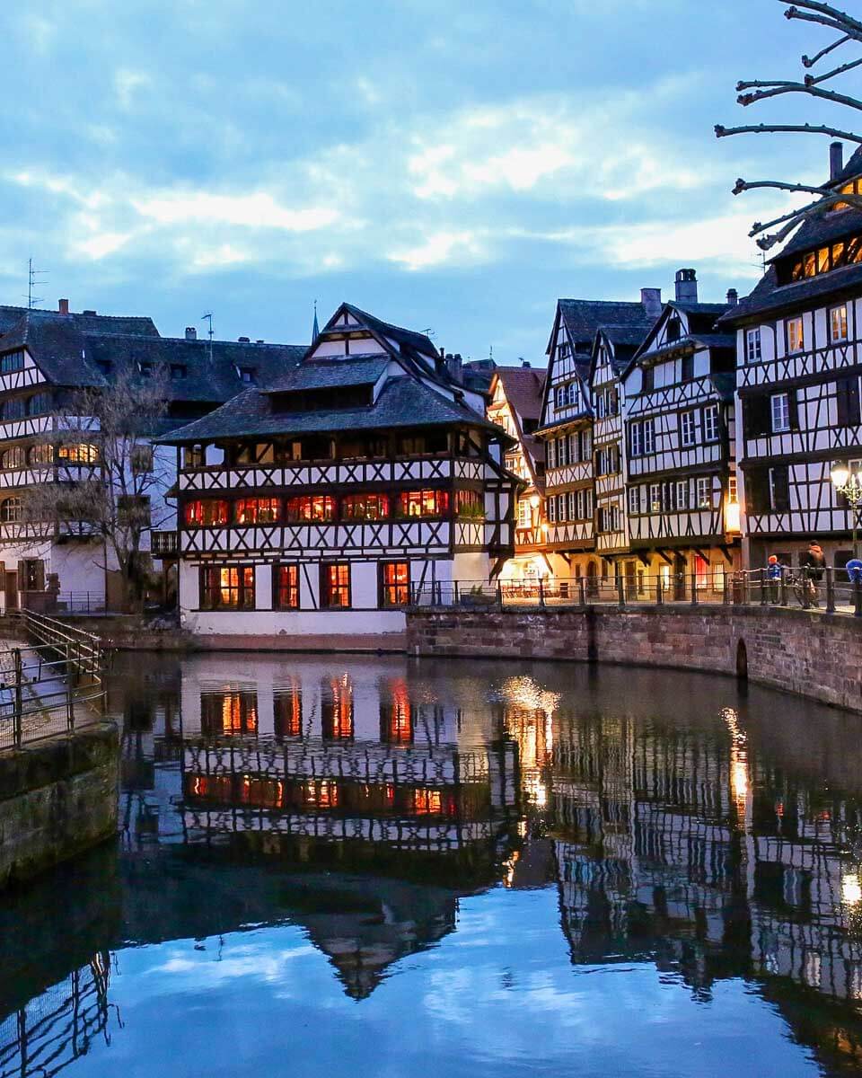 Strasbourg France at night in winter canal