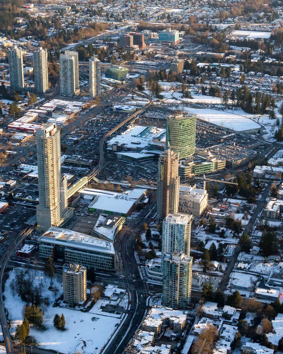View of Vancouver BC Canada in winter during a plane ride