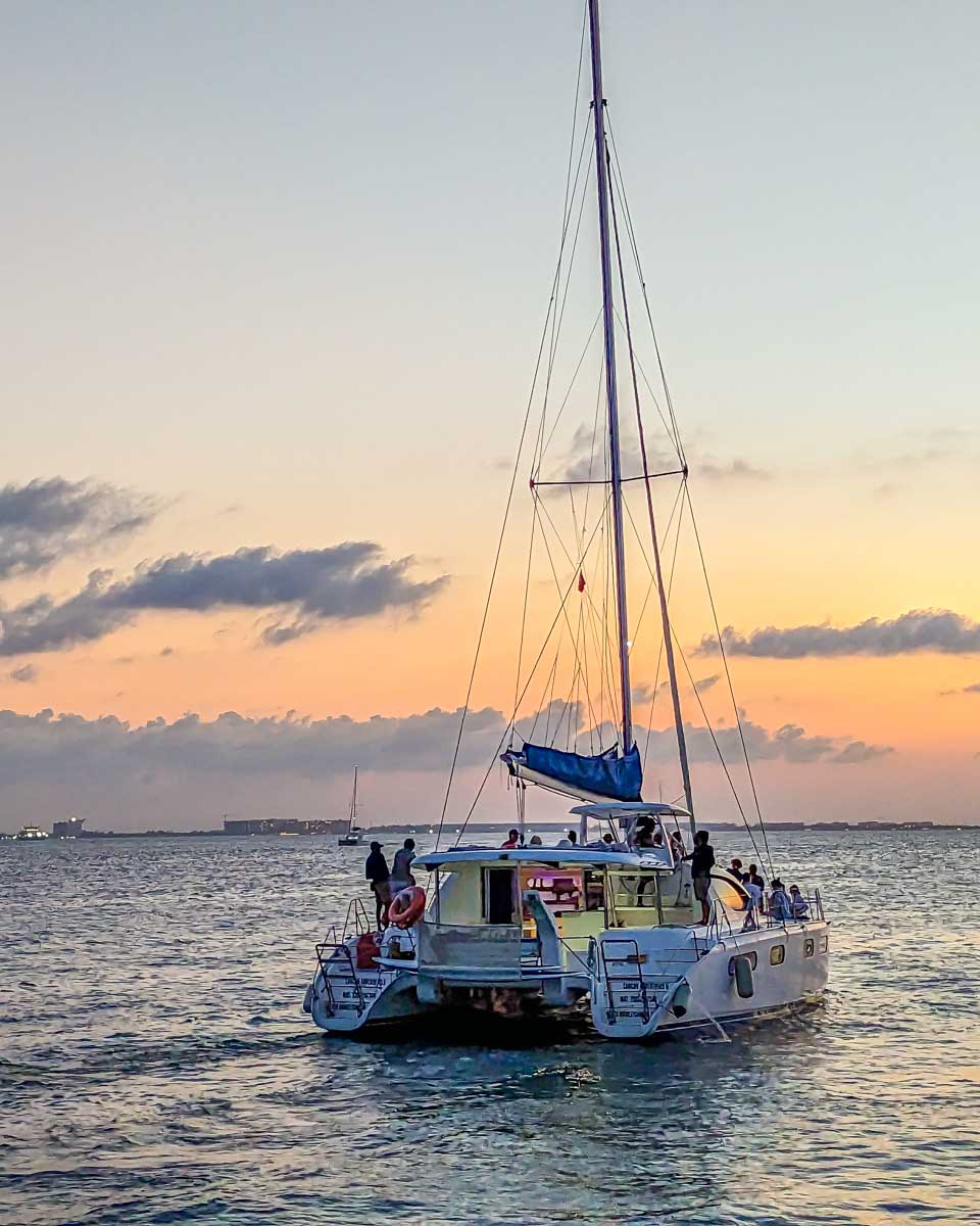 A-catamaran-during-sunset-on-a-tour-from-St-Kitts