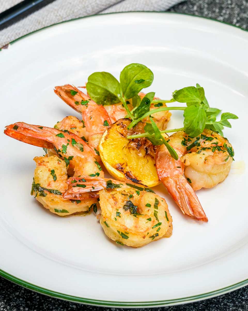 Grilled Mooloolaba prawns seen on a cruise Sunshine Coast Australia