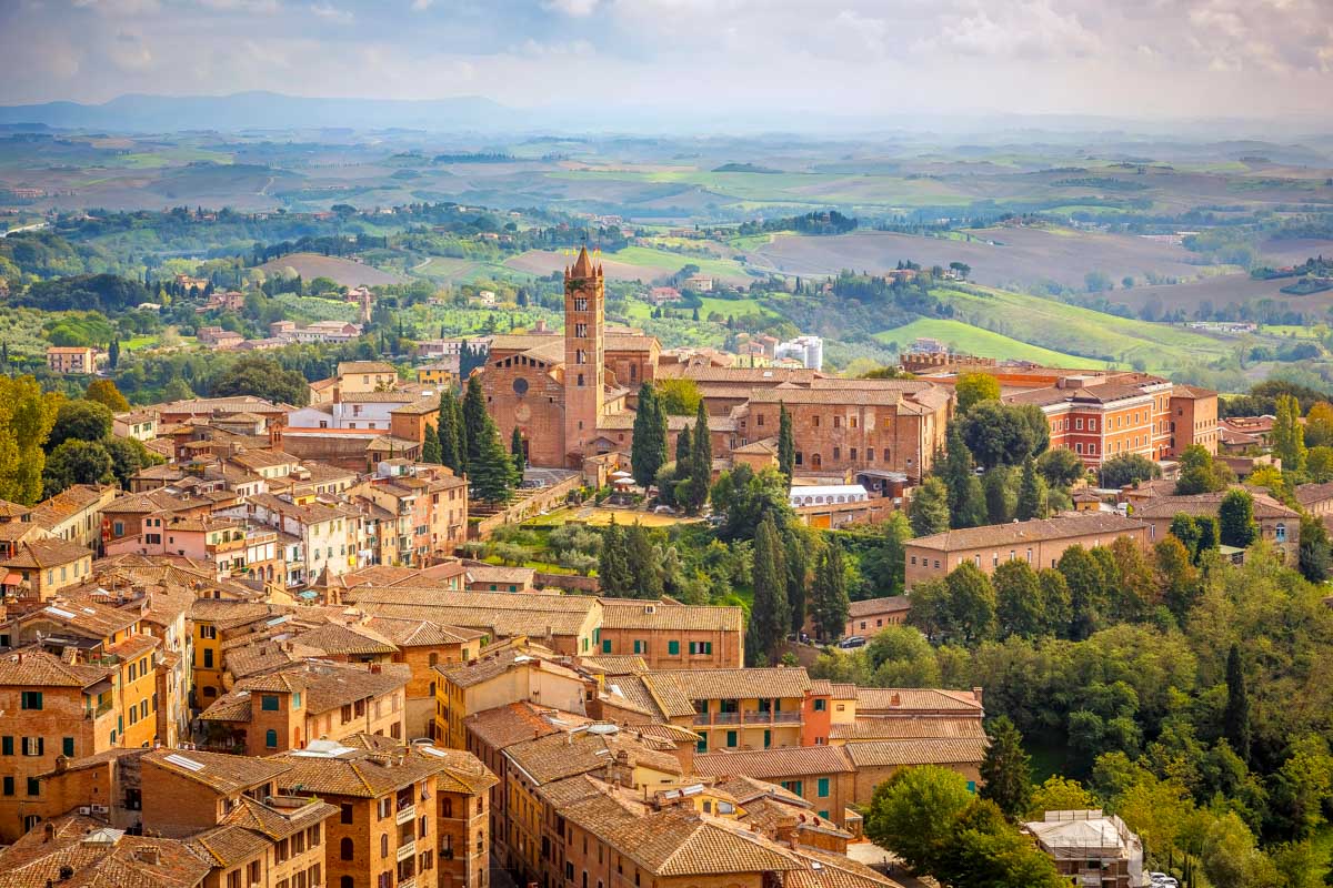 Aerial view over city of Siena Italy
