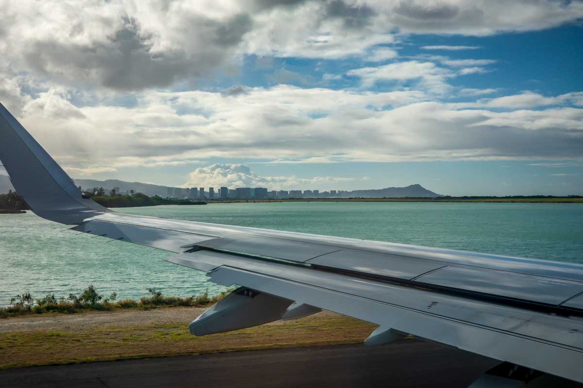 Looking at Honolulu from the airplane on Oahu Hawaii