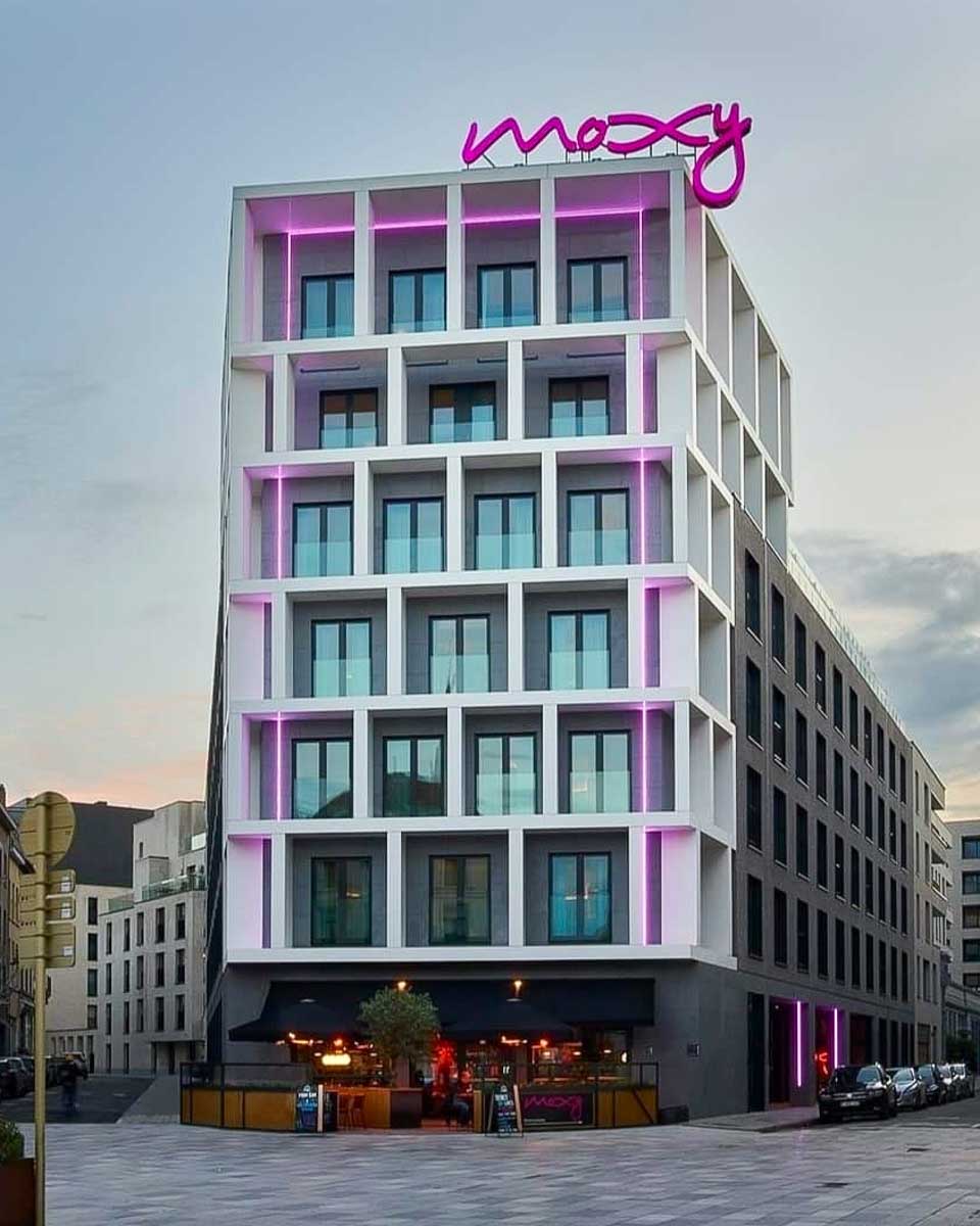 Outside of the Moxy Brussels City Center hotel