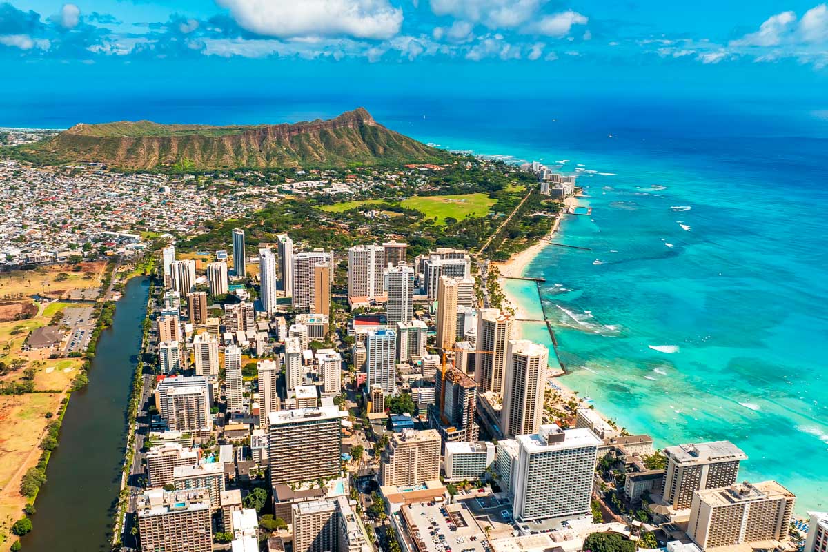 View of Waikiki Honolulu Oahu Hawaii from a helicopter flight