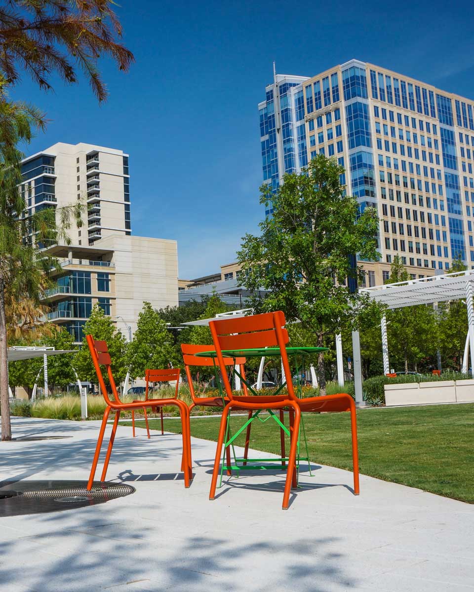 Red chairs at Klyde Warren Park in Dallas, Texas