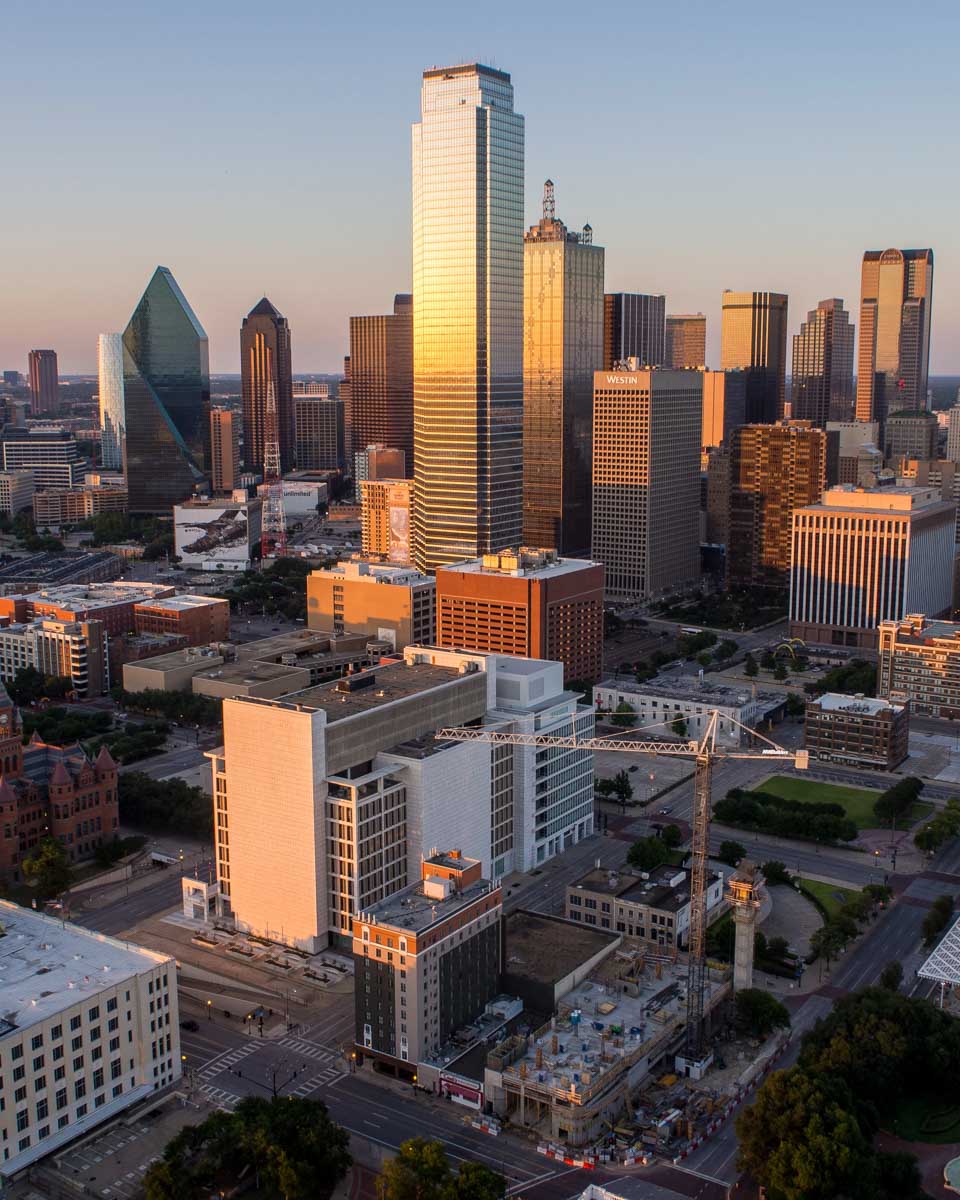 View of the Dallas skyline at sunset from the Reunion Tower