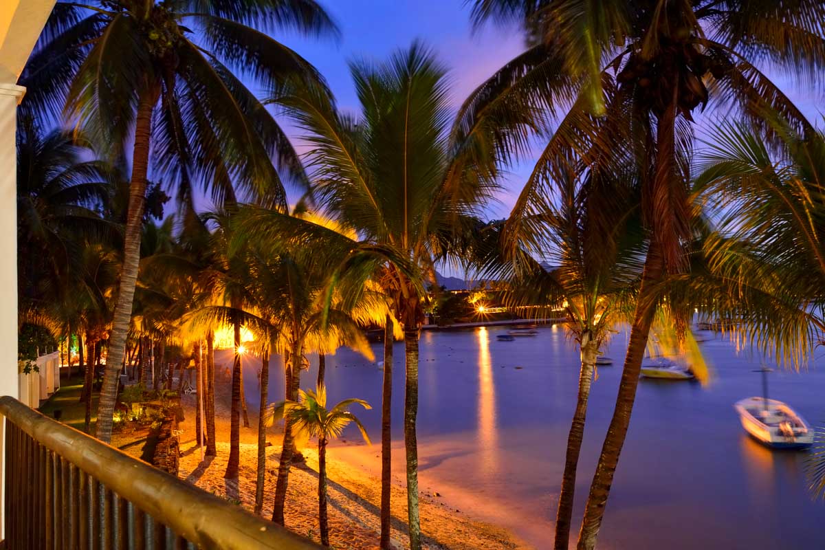 View of a beach from a hotel room in Mauritius