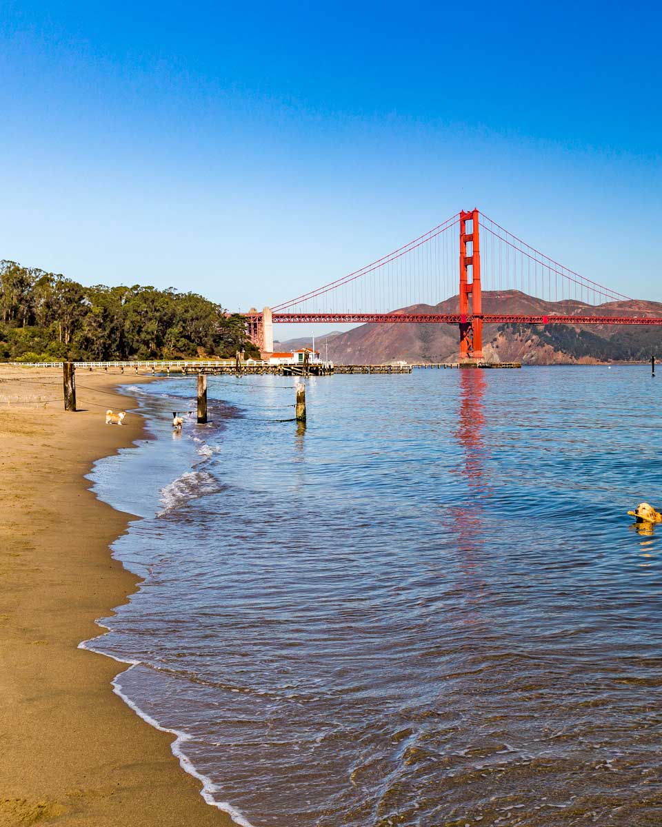 View to the Golden Gate Bridge from Crissy Field Park in San Francisco California
